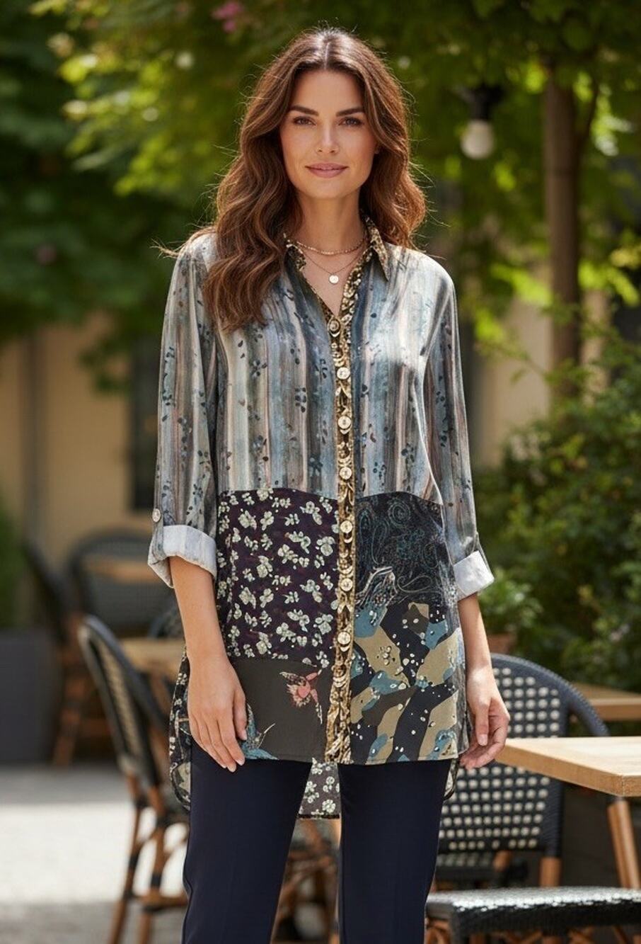 John Mark Size 1X Mixed Print Patched Button Up Roll Tab Sleeve Tunic Top Blouse